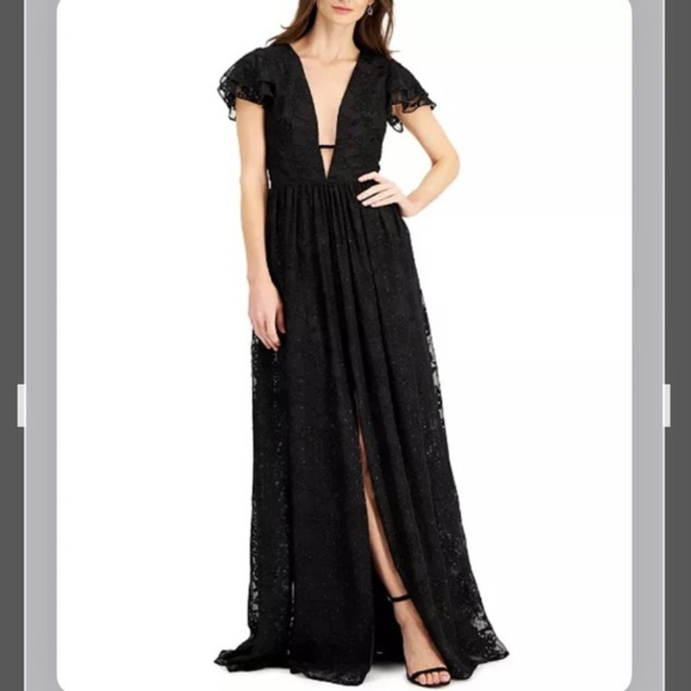 Aidan by Aidan Mattox Plunge-Neck Flutter-Sleeve Gown in Black